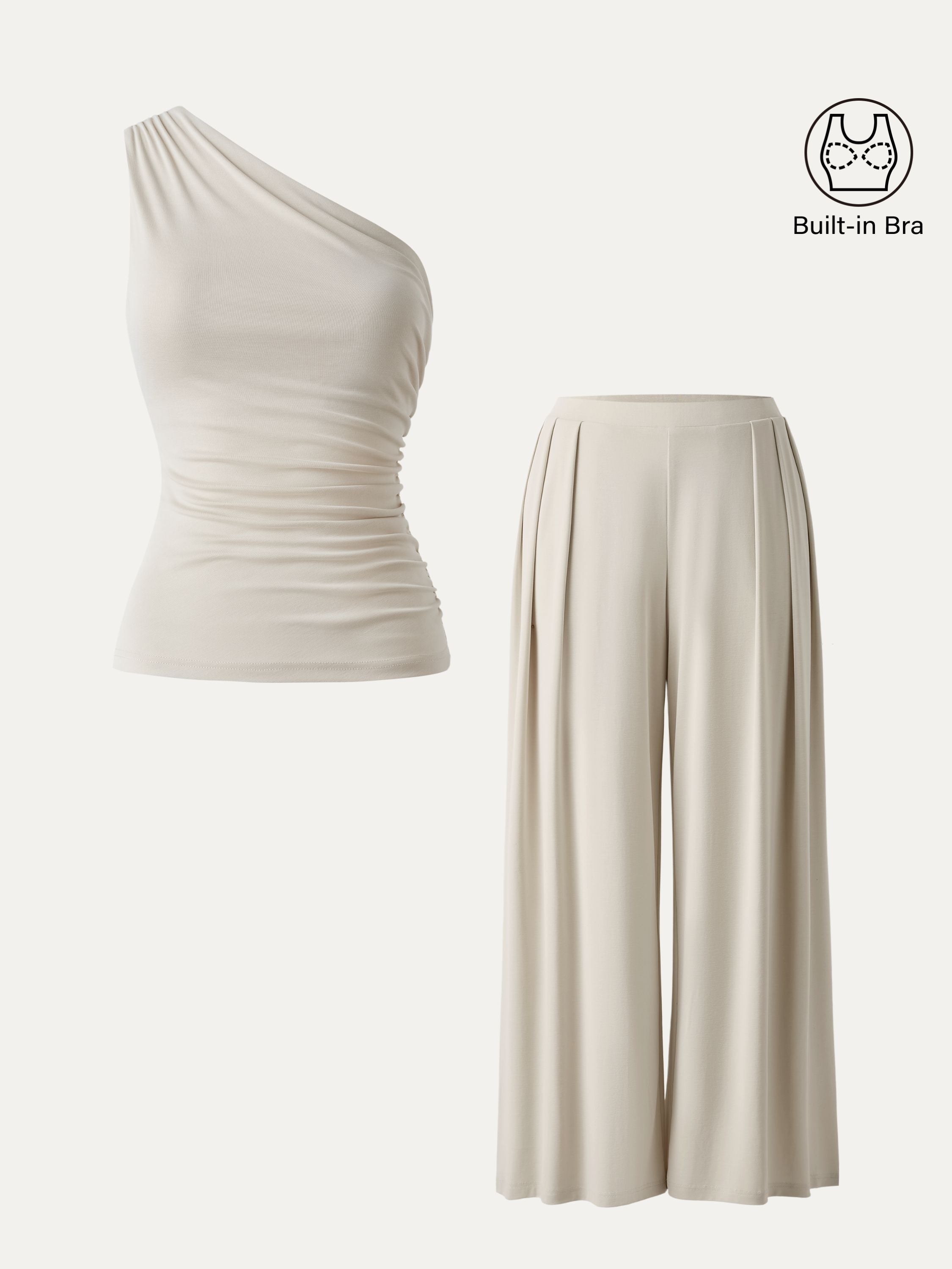 2Pcs Set Sandwashed Ruched Bra Tank & Mid Rise Wide Leg Palazzo Pants with Pockets