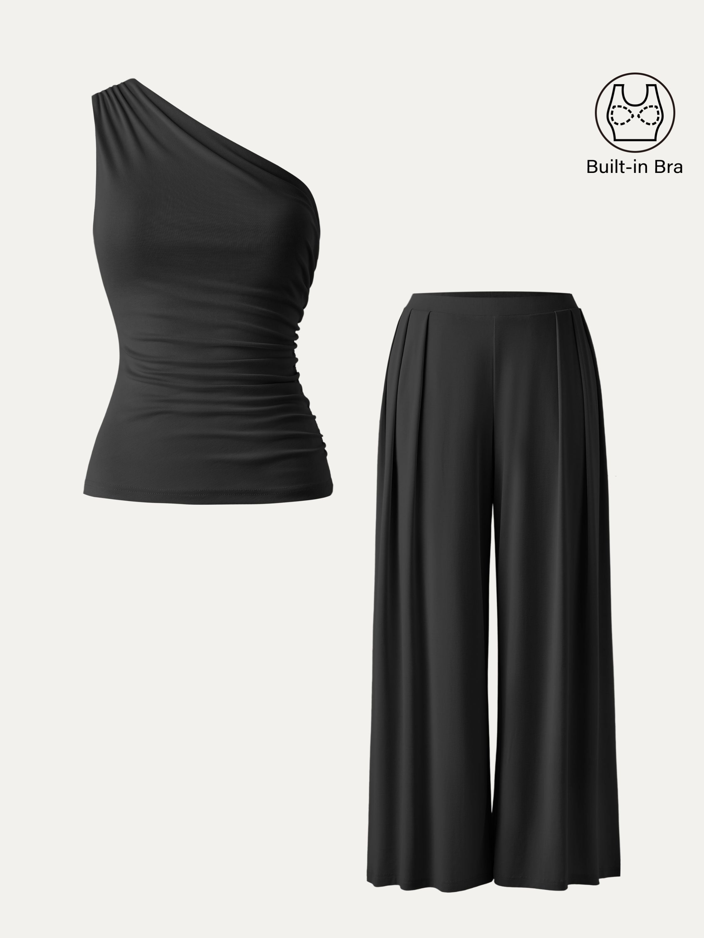 2Pcs Set Sandwashed Ruched Bra Tank & Mid Rise Wide Leg Palazzo Pants with Pockets