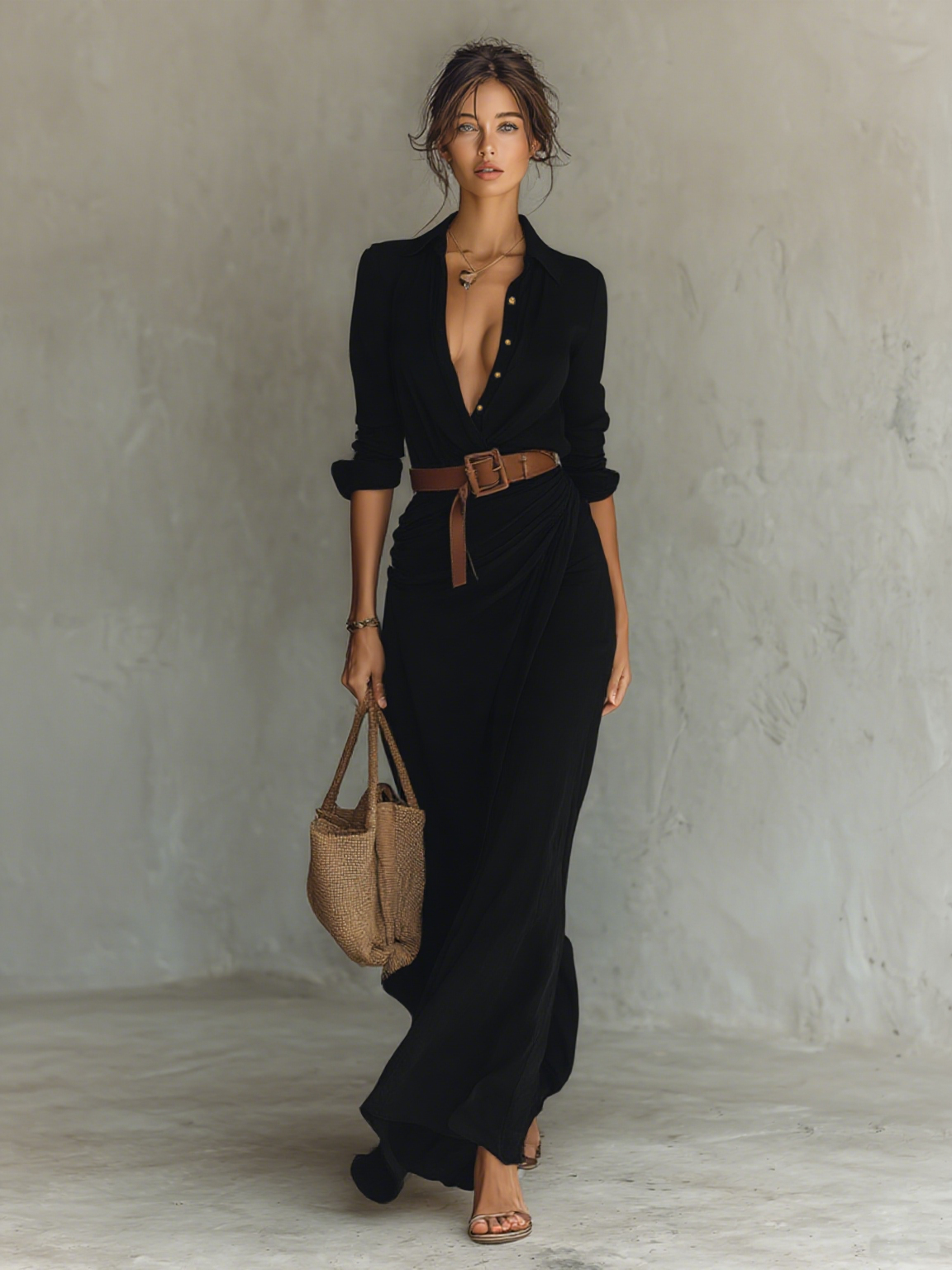 Vestido largo de manga con cinturón para mujer
