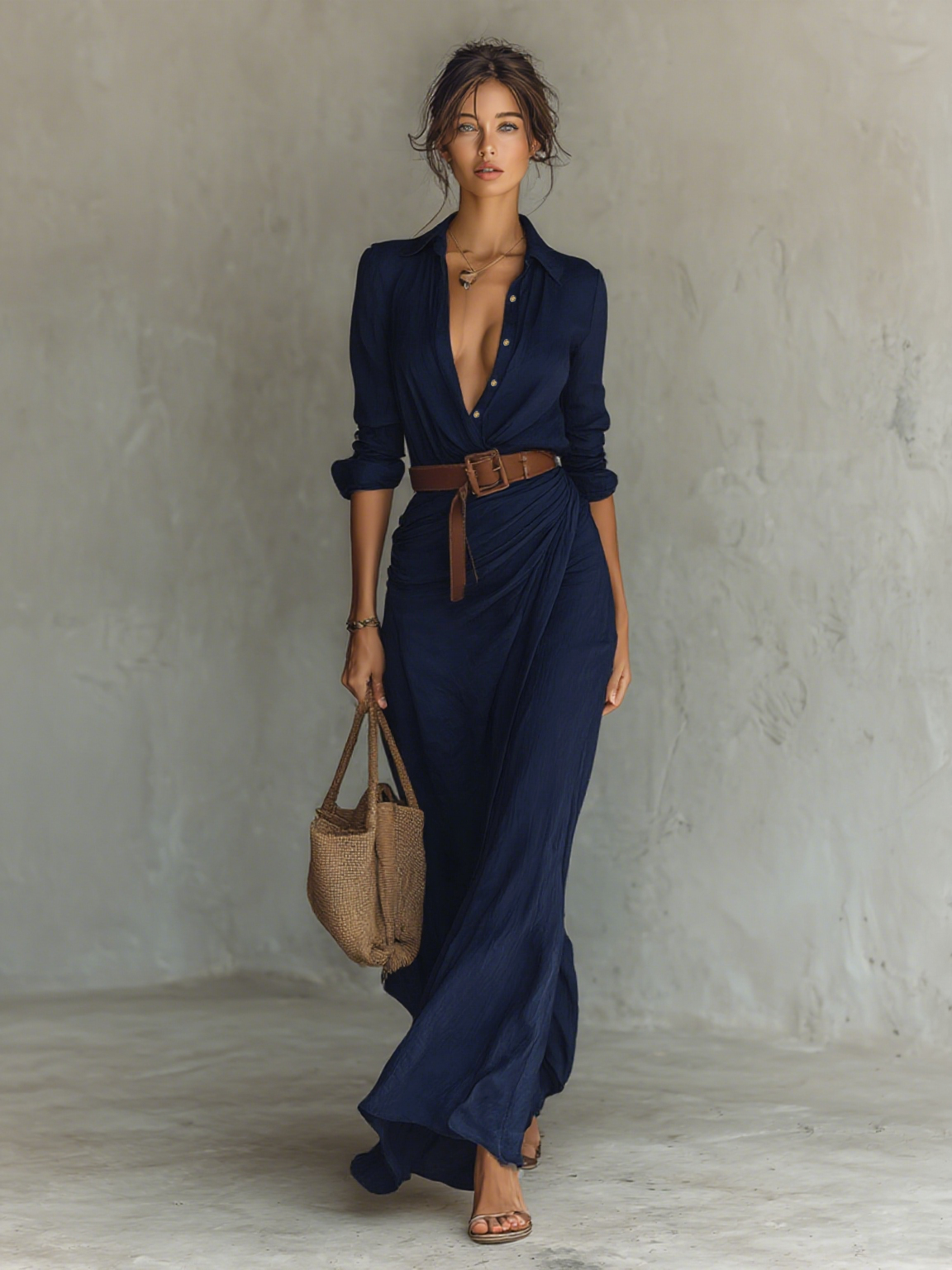 Vestido largo de manga con cinturón para mujer