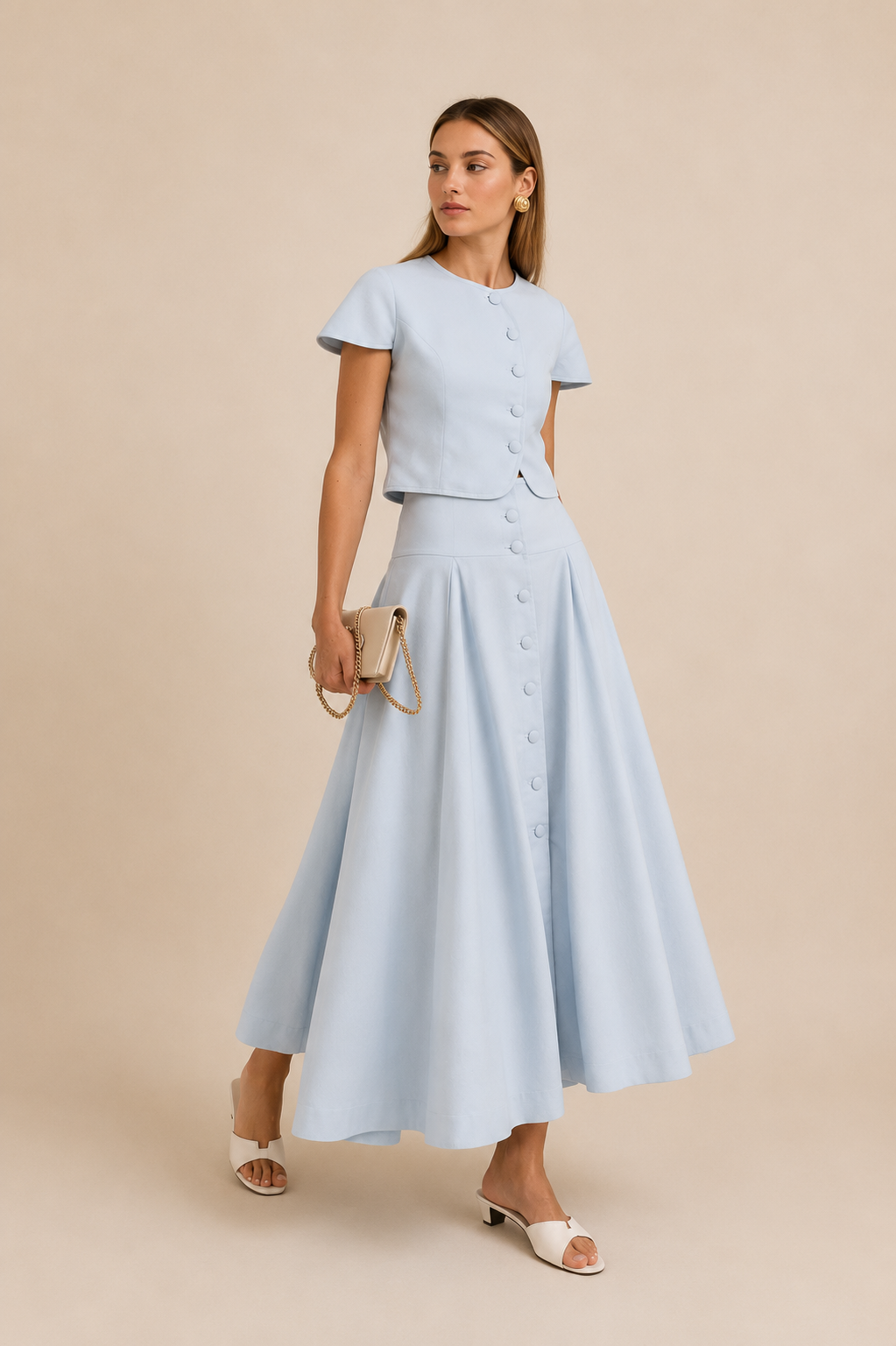 ROSSALA | Falda de lino de corte evasé | Azul cielo
