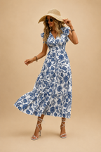 LORENA | Vestido Largo Bohemio con Estampado Floral, Mangas de Mariposa y Dobladillo con Volantes