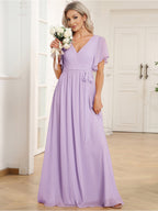 LEORA™ | Vestido de Dama de Honor de Gasa con Escote en V