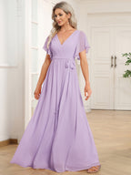 LEORA™ | Vestido de Dama de Honor de Gasa con Escote en V
