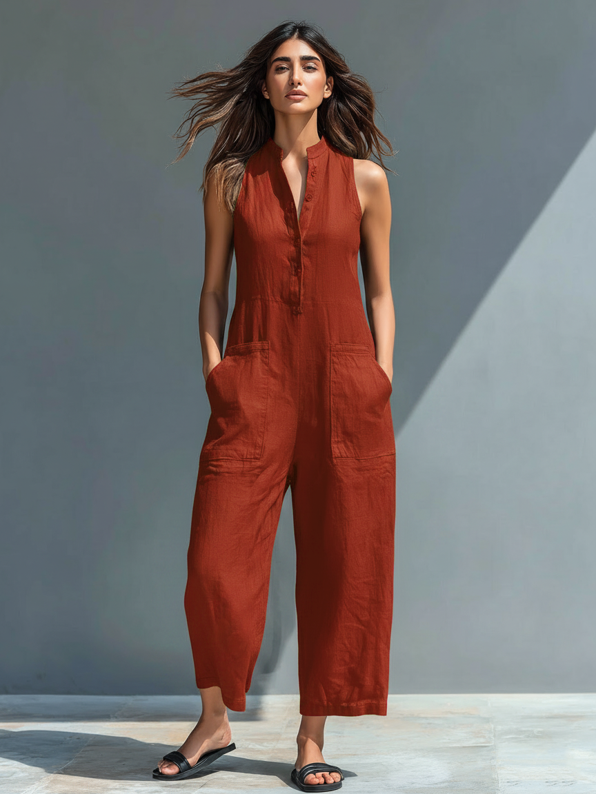 Mono minimalista de lino para mujer con cuello alto