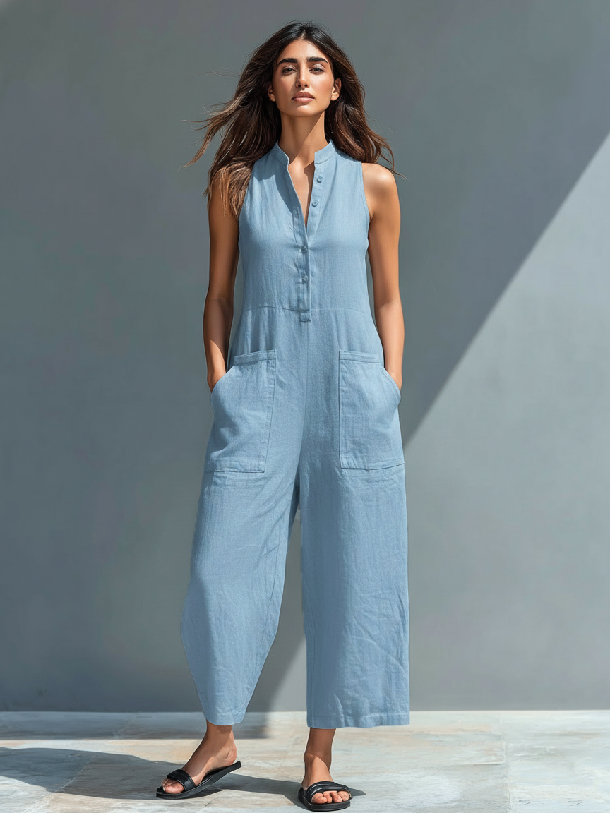 Mono minimalista de lino para mujer con cuello alto