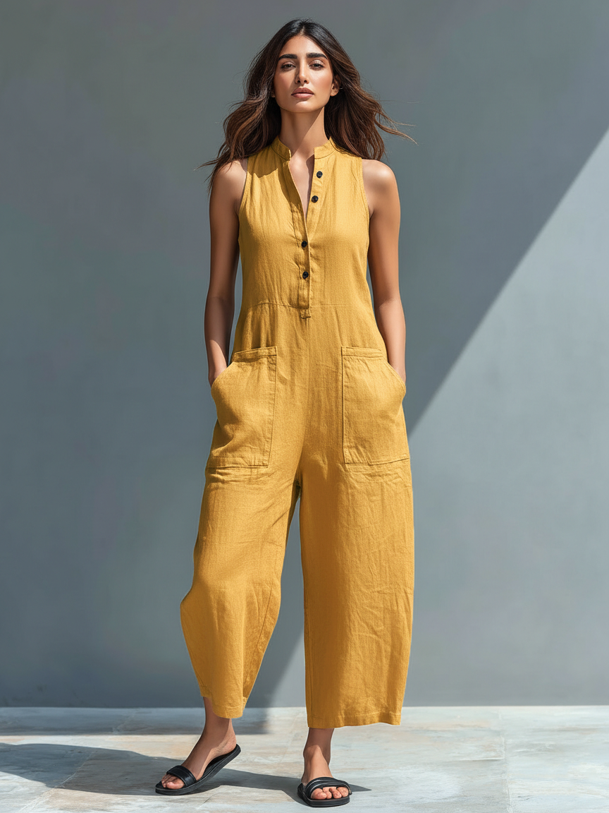 Mono minimalista de lino para mujer con cuello alto