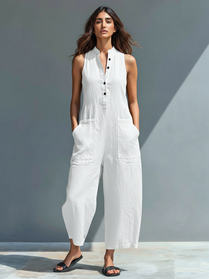 Mono minimalista de lino para mujer con cuello alto