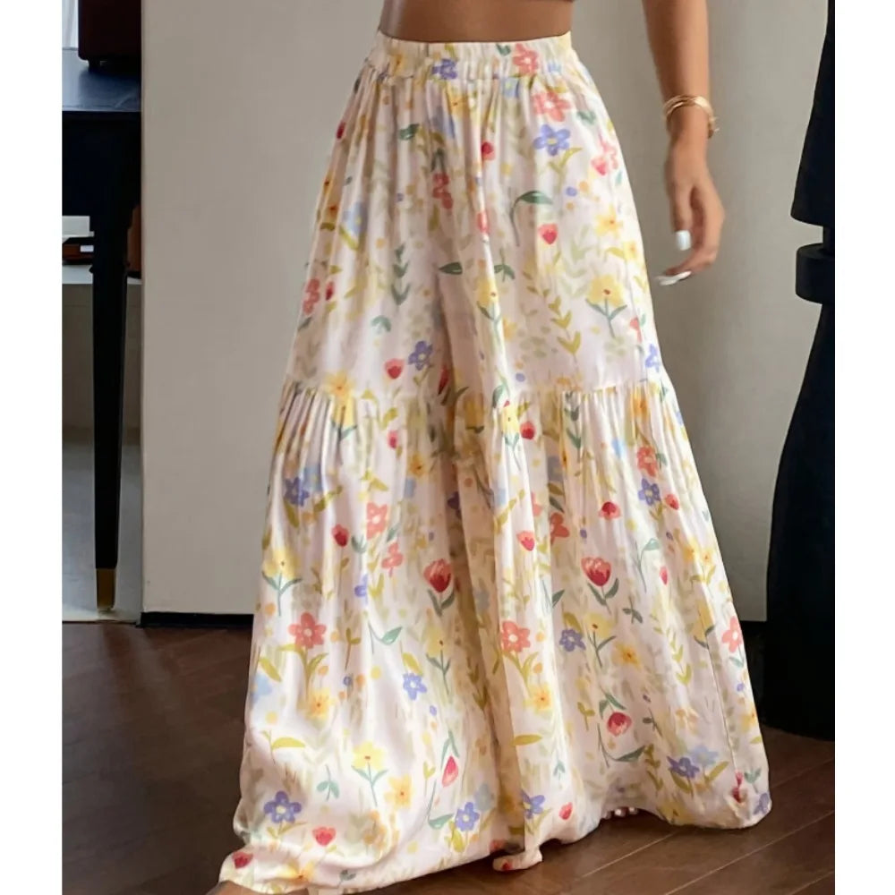 Pantalones Anchos Florales 2026 para Mujer, Pantalones de Gasa Sueltos de Cintura Alta para Verano, Pantalones Rectos Bohemios Fluidos con Estética Y2K, Ropa Urbana