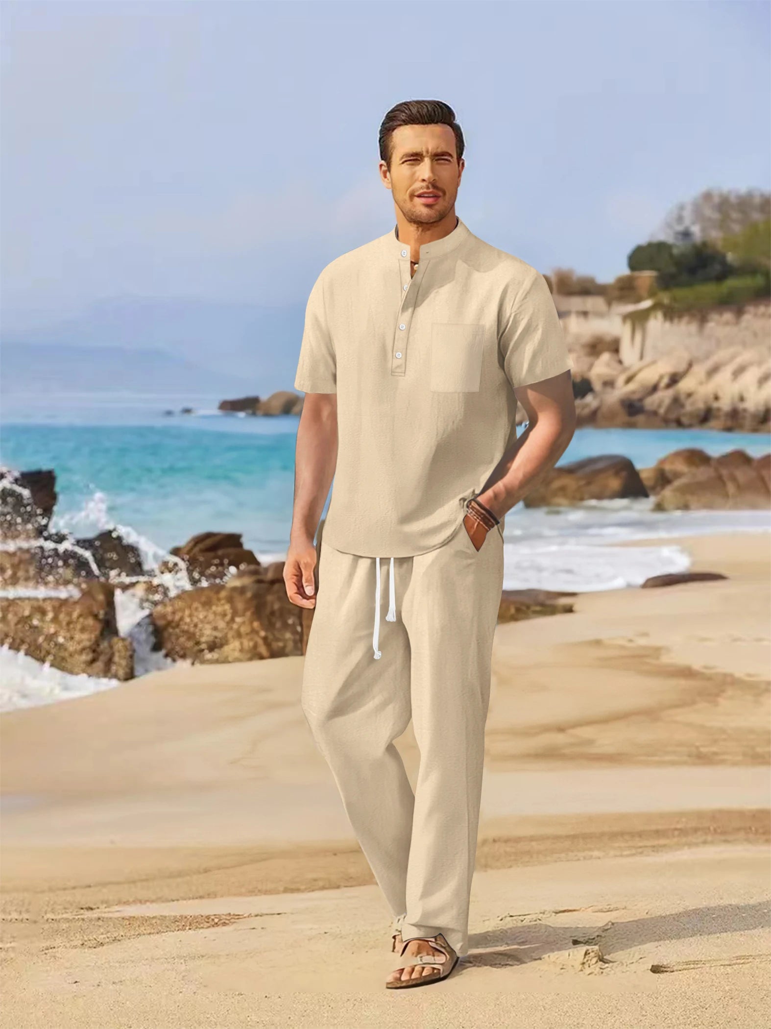 Henley | Conjunto de verano de algodón y lino para hombre