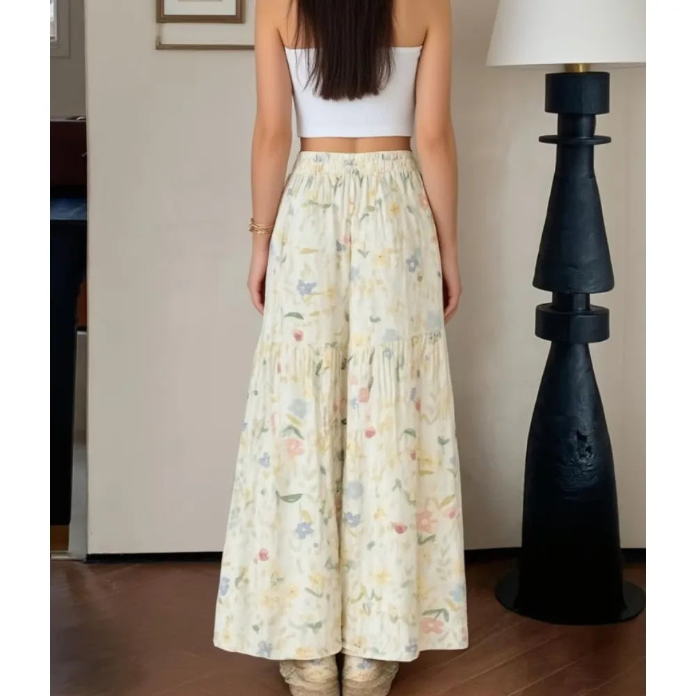 Pantalones Anchos Florales 2026 para Mujer, Pantalones de Gasa Sueltos de Cintura Alta para Verano, Pantalones Rectos Bohemios Fluidos con Estética Y2K, Ropa Urbana