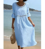 Vestido de Lino y Algodón Sólido con Diseño Calado, Cuello Redondo, Cintura Alta, Holgado, con Mangas Acampanadas, Ideal para Verano y Vacaciones en la Playa