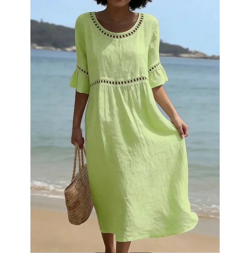 CLARISA | Vestido de Lino y Algodón Sólido con Diseño Calado, Cuello Redondo