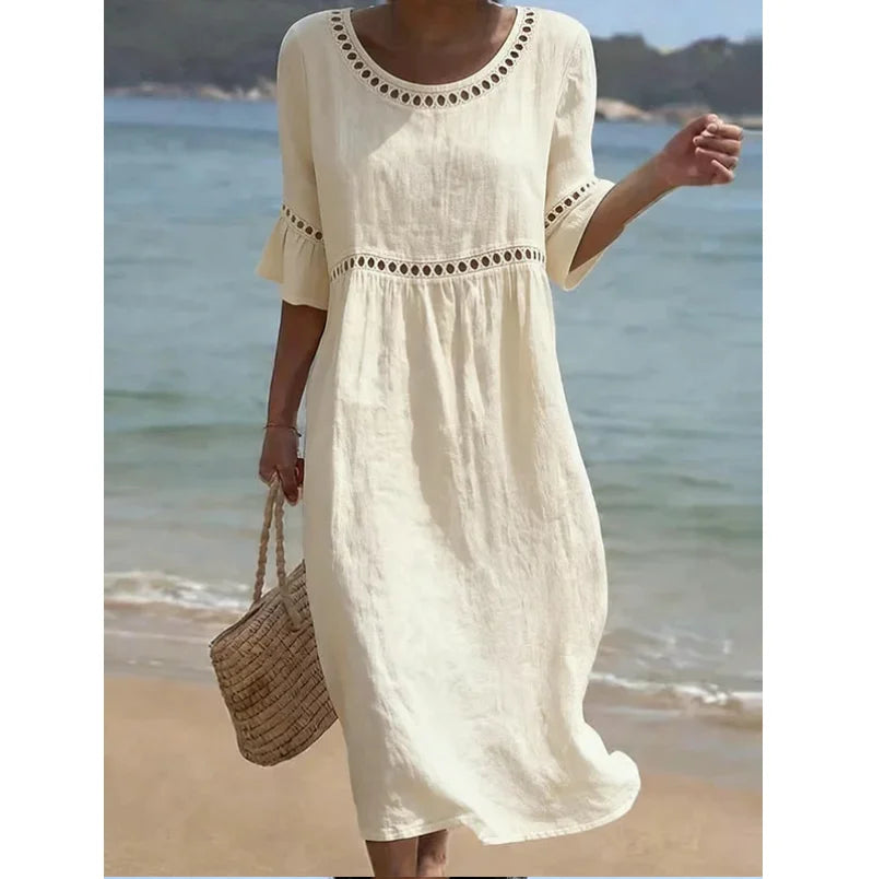 CLARISA | Vestido de Lino y Algodón Sólido con Diseño Calado, Cuello Redondo