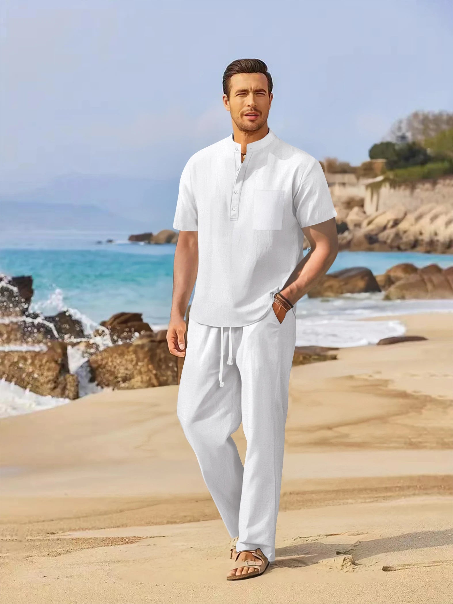Henley | Conjunto de verano de algodón y lino para hombre