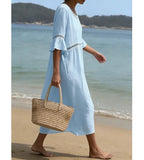 Vestido de Lino y Algodón Sólido con Diseño Calado, Cuello Redondo, Cintura Alta, Holgado, con Mangas Acampanadas, Ideal para Verano y Vacaciones en la Playa