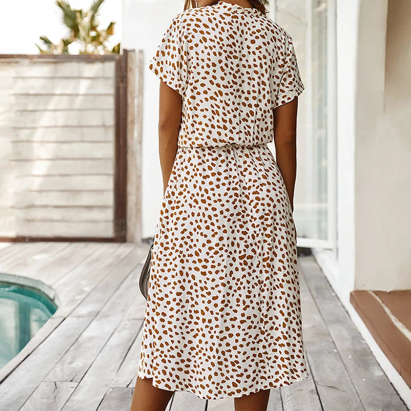 Vestidos de verano para mujer, vestido estampado de lunares con botones, manga corta, cordón, cintura alta, Vestidos