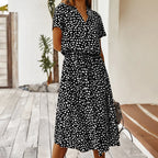 Vestidos de verano para mujer, vestido estampado de lunares con botones, manga corta, cordón, cintura alta, Vestidos