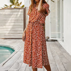 Vestidos de verano para mujer, vestido estampado de lunares con botones, manga corta, cordón, cintura alta, Vestidos