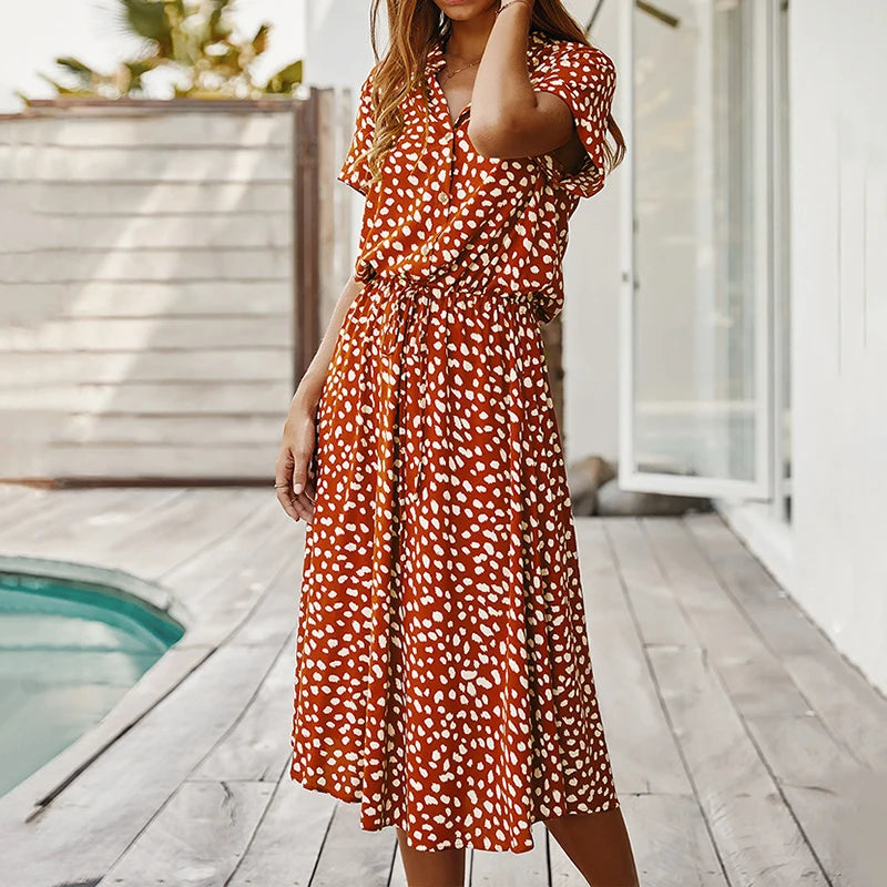 Vestidos de verano para mujer, vestido estampado de lunares con botones, manga corta, cordón, cintura alta, Vestidos