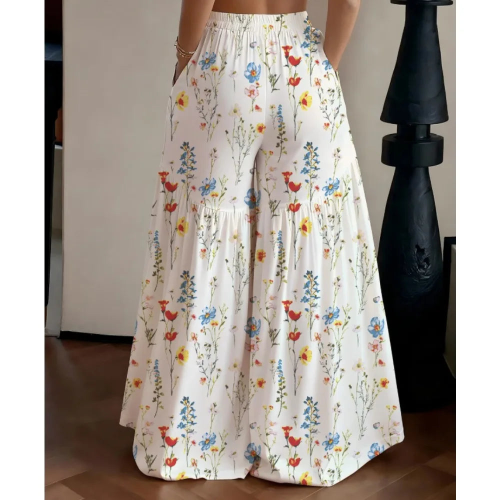 Pantalones Anchos Florales 2026 para Mujer, Pantalones de Gasa Sueltos de Cintura Alta para Verano, Pantalones Rectos Bohemios Fluidos con Estética Y2K, Ropa Urbana