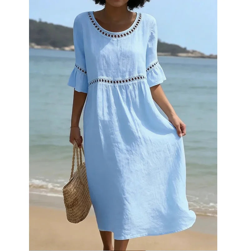 Vestido de Lino y Algodón Sólido con Diseño Calado, Cuello Redondo, Cintura Alta, Holgado, con Mangas Acampanadas, Ideal para Verano y Vacaciones en la Playa