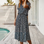 Vestidos de verano para mujer, vestido estampado de lunares con botones, manga corta, cordón, cintura alta, Vestidos