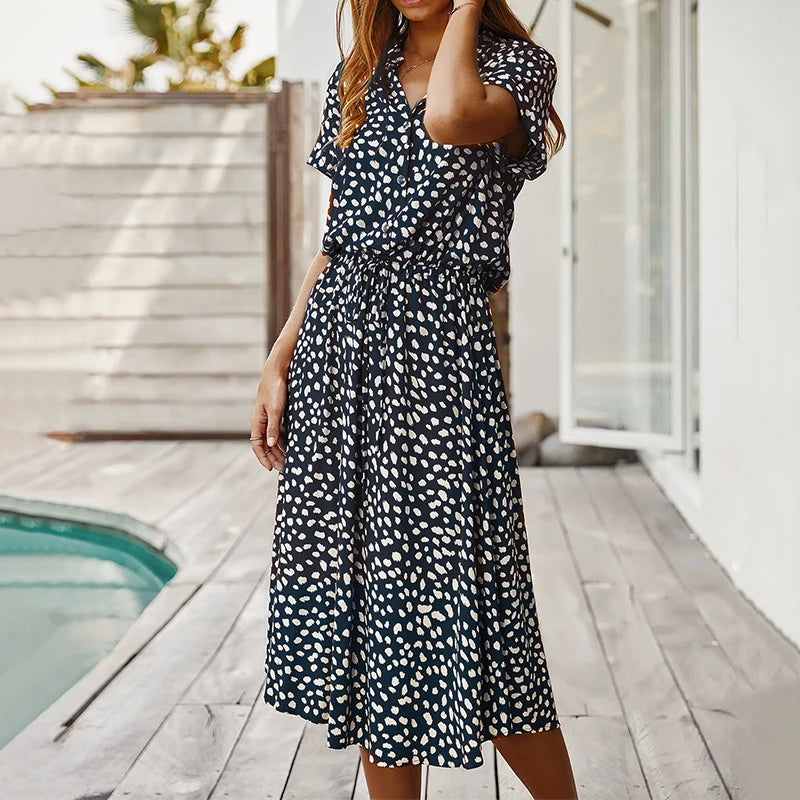 Vestidos de verano para mujer, vestido estampado de lunares con botones, manga corta, cordón, cintura alta, Vestidos