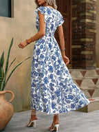 Vestido Largo Bohemio con Estampado Floral, Mangas de Mariposa y Dobladillo con Volantes, Ideal para Vacaciones, Adecuado para el Trabajo Diario, Nueva Moda Femenina