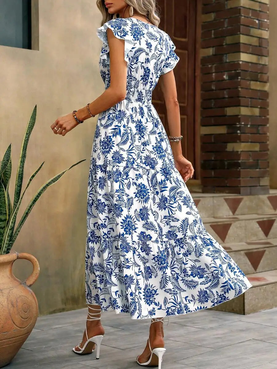 Vestido Largo Bohemio con Estampado Floral, Mangas de Mariposa y Dobladillo con Volantes, Ideal para Vacaciones, Adecuado para el Trabajo Diario, Nueva Moda Femenina