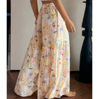 Pantalones Anchos Florales 2026 para Mujer, Pantalones de Gasa Sueltos de Cintura Alta para Verano, Pantalones Rectos Bohemios Fluidos con Estética Y2K, Ropa Urbana