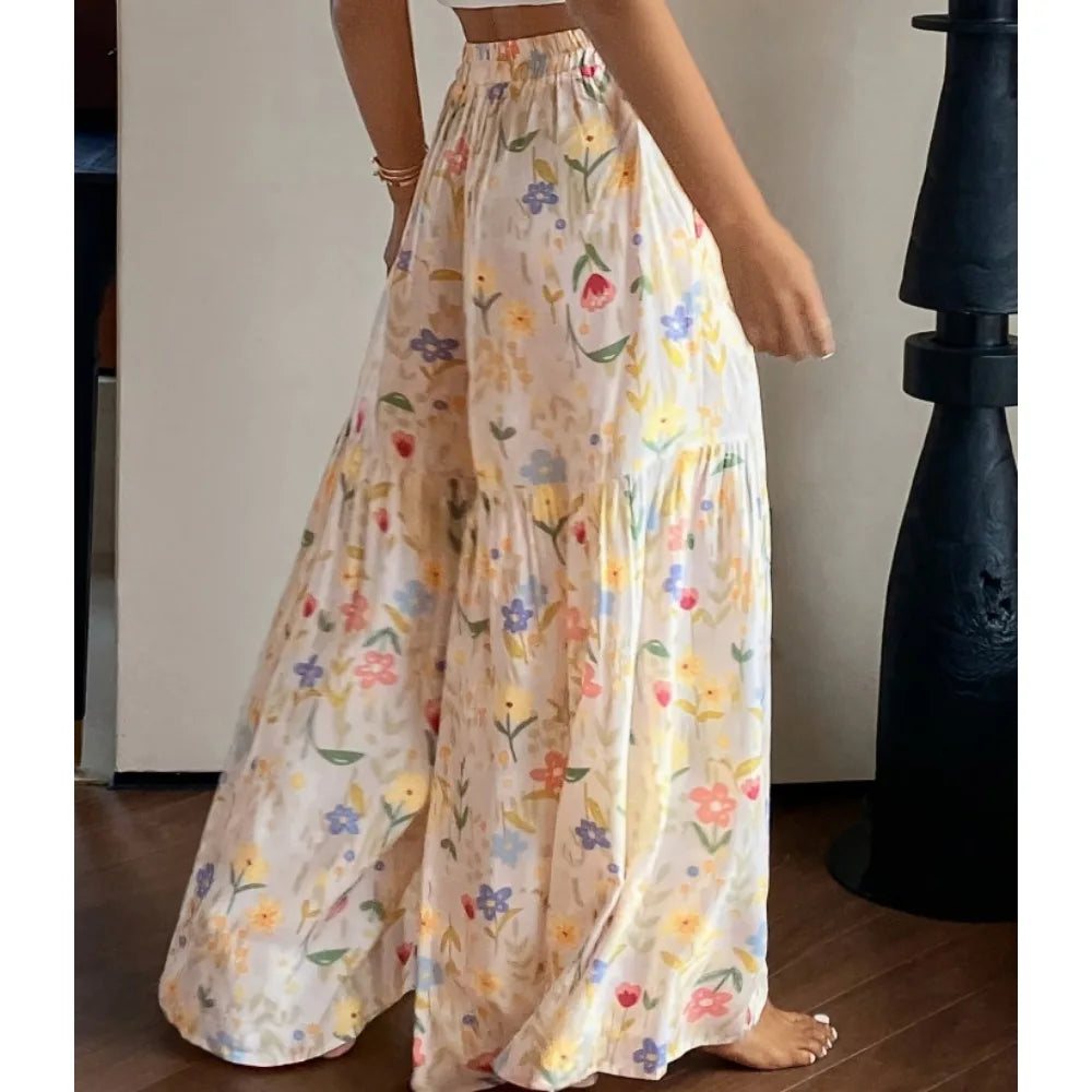 Pantalones Anchos Florales 2026 para Mujer, Pantalones de Gasa Sueltos de Cintura Alta para Verano, Pantalones Rectos Bohemios Fluidos con Estética Y2K, Ropa Urbana