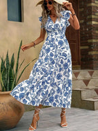 Vestido Largo Bohemio con Estampado Floral, Mangas de Mariposa y Dobladillo con Volantes, Ideal para Vacaciones, Adecuado para el Trabajo Diario, Nueva Moda Femenina