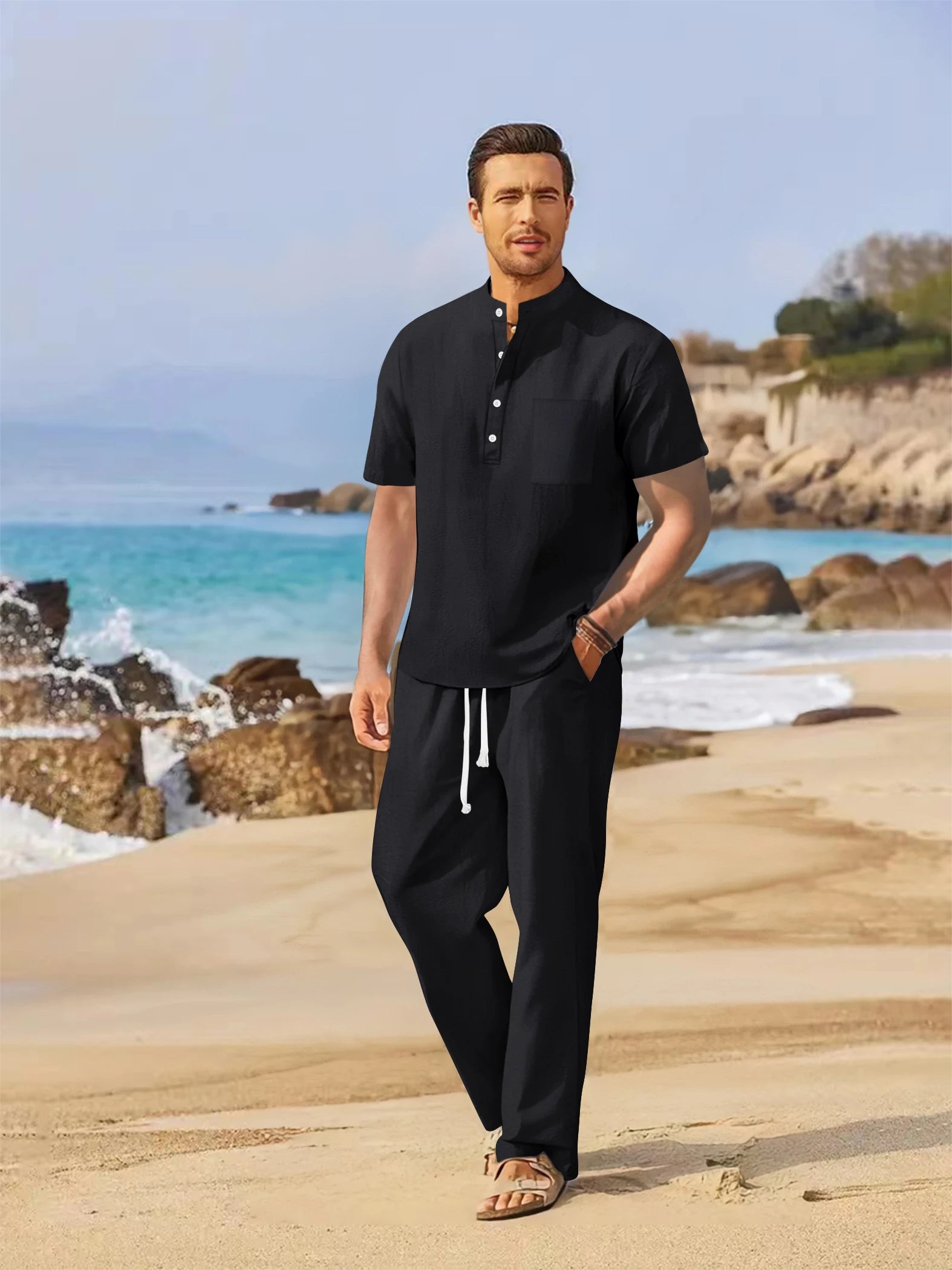 Henley | Conjunto de verano de algodón y lino para hombre