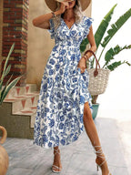 Vestido Largo Bohemio con Estampado Floral, Mangas de Mariposa y Dobladillo con Volantes, Ideal para Vacaciones, Adecuado para el Trabajo Diario, Nueva Moda Femenina