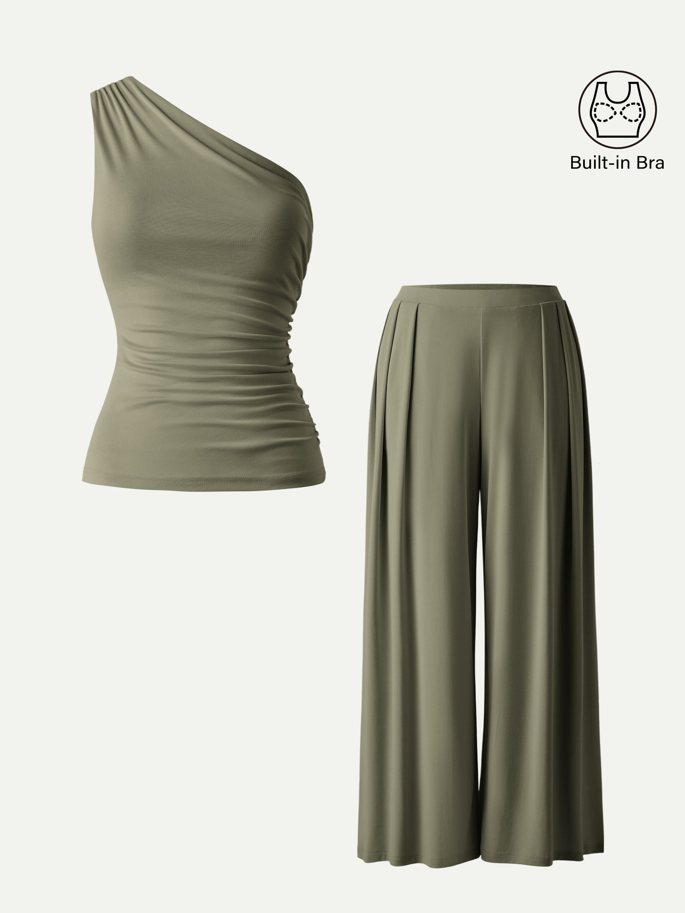 2Pcs Set Sandwashed Ruched Bra Tank & Mid Rise Wide Leg Palazzo Pants with Pockets