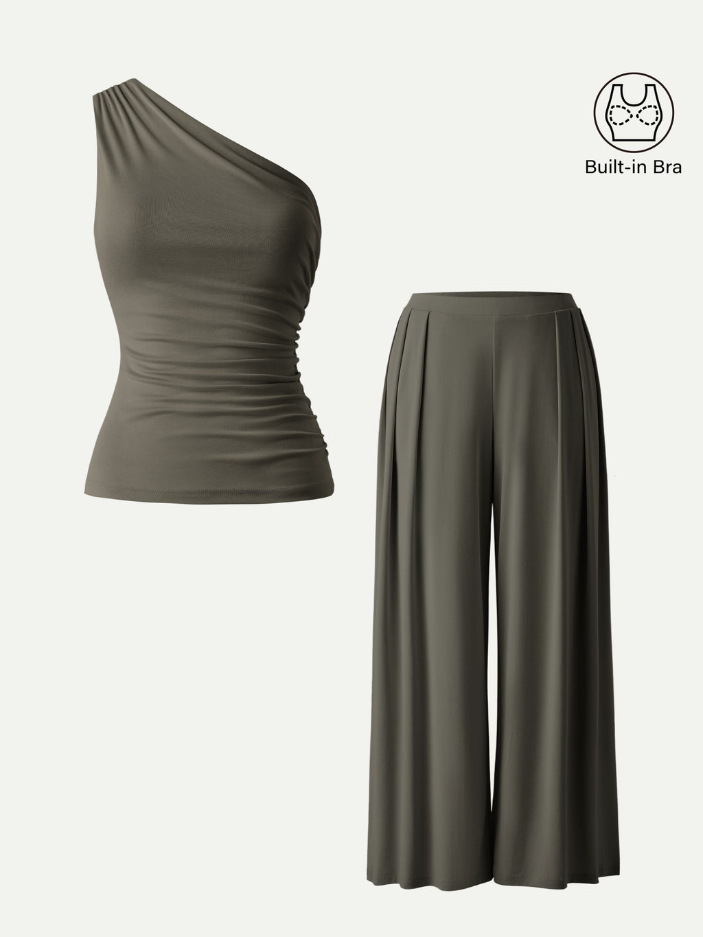 2Pcs Set Sandwashed Ruched Bra Tank & Mid Rise Wide Leg Palazzo Pants with Pockets