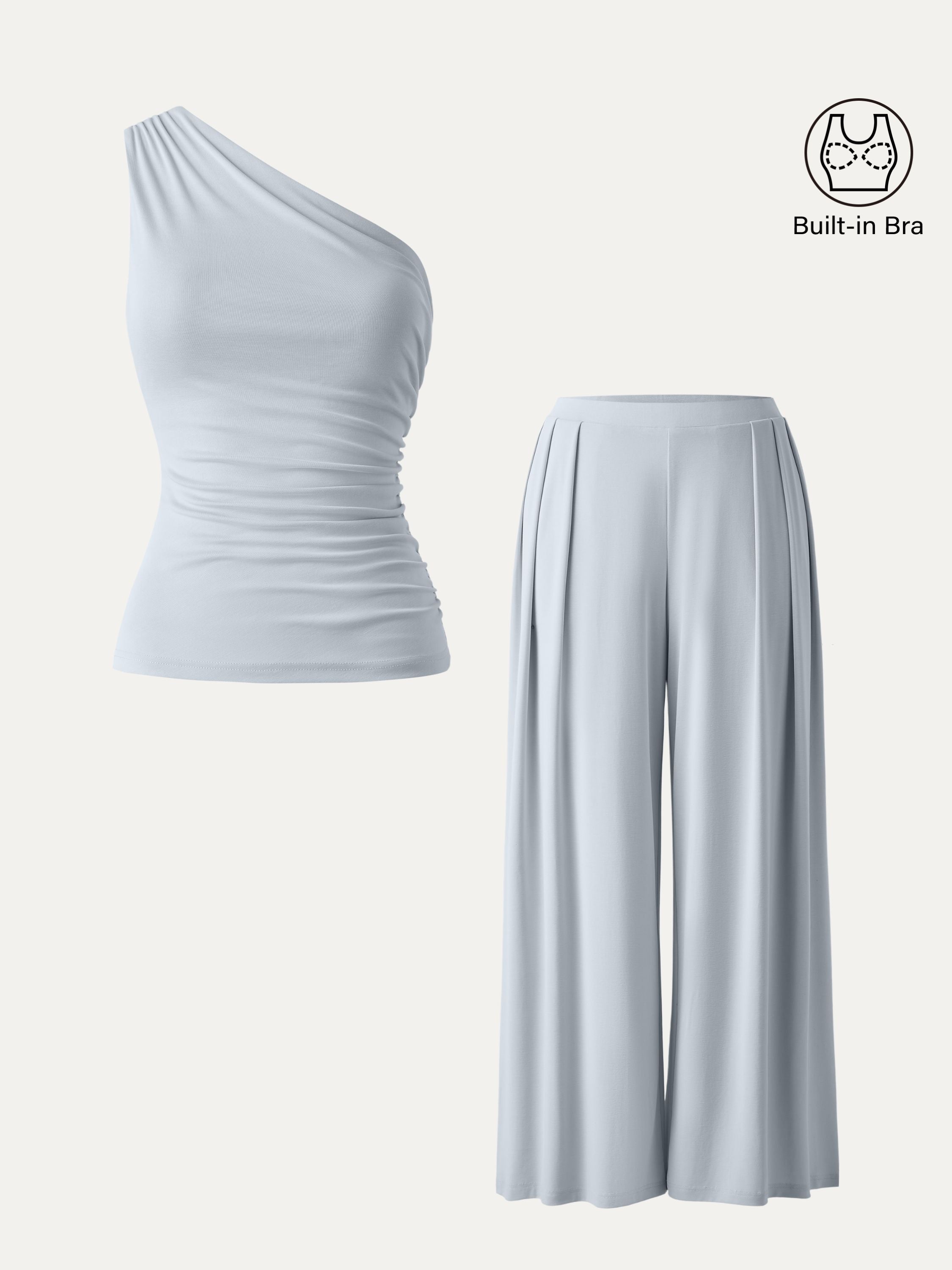 2Pcs Set Sandwashed Ruched Bra Tank & Mid Rise Wide Leg Palazzo Pants with Pockets