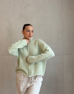 Striped zip-up cardigan with stand-up collar