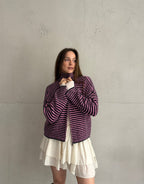 Striped zip-up cardigan with stand-up collar