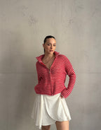Striped zip-up cardigan with stand-up collar