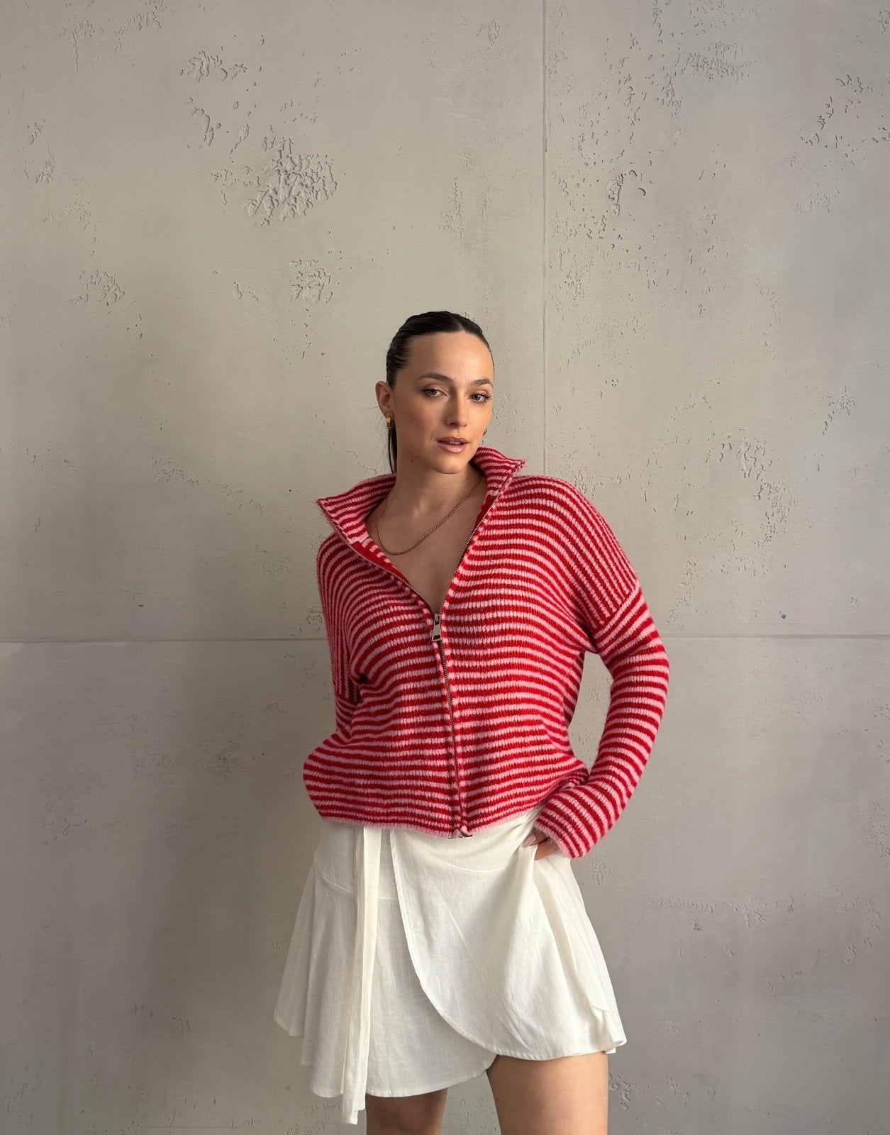 Striped zip-up cardigan with stand-up collar