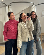 Striped zip-up cardigan with stand-up collar