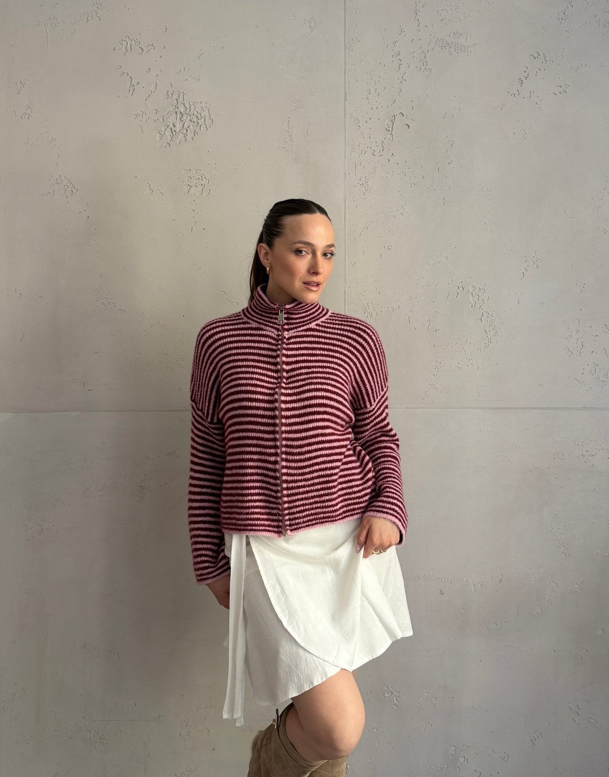 Striped zip-up cardigan with stand-up collar
