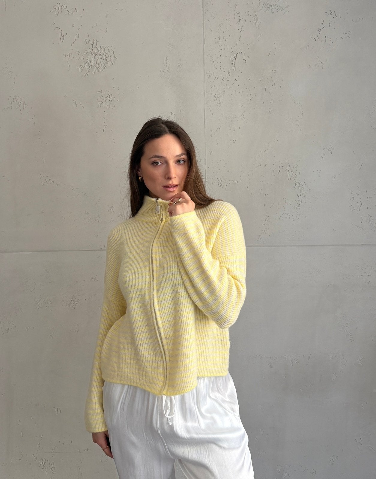 Striped zip-up cardigan with stand-up collar