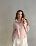 Striped zip-up cardigan with stand-up collar