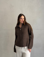 Striped zip-up cardigan with stand-up collar