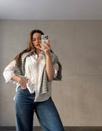 Striped zip-up cardigan with stand-up collar