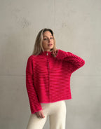 Striped zip-up cardigan with stand-up collar