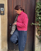 Striped zip-up cardigan with stand-up collar